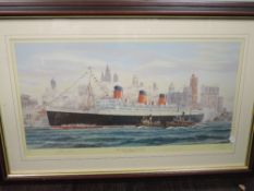 A Ltd Ed print, after S W Fisher, The Queen Mary at New York, signed and num 450/850, with extra