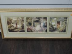 A print, triptych, house doors, 22 x 80cm, plus frame and glazed