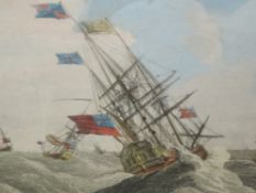 A pair of prints, galleons at sea, 25 x 37cm, plus frame and glazed, and an engraving, after