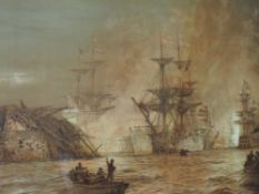 A print after Wyllie, Battle of The Nile, 1900, 60 x 100cm, framed and glazed