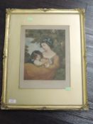 A mezzotint engraving, after Will Henderson, girls with rabbit, dated 1910, 33 x 25cm, plus frame
