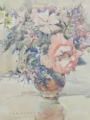 A watercolour, Tom Ogden, Pink Roses, signed and attributed verso, 33 x 23cm, plus frame and glazed