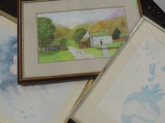 A selection of decorative pictures, inc a watercolour, Lomas, cottage, 22 x 36cm, plus frame and