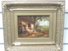 An oil painting, Marsland, cottage family, C19th, signed, 14 x 19cm, plus frame