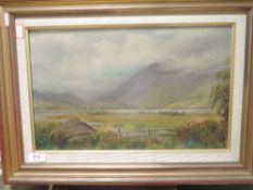 An oil painting, T B Preston, Derwentwater and Skiddaw, from the south, 24 x 39cm, plus frame