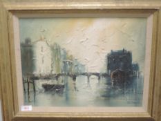 An oil painting, John Bampfield, river bridge, signed, 29 x 39cm, plus frame and glazed