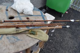 A split cane salmon rod wooden handled gaff and other rod parts