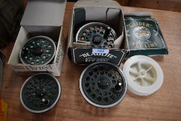 Two Shakespeare Beaulite fly reels with spare spools and line.