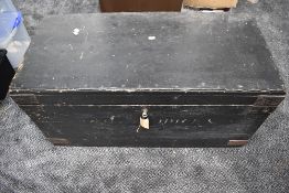 A 19th century pine metal bound Seamans/Ships Trunk, black painted, 1 inch thick planking used, lock
