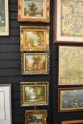 A selection of four gilt framed original oil paintings and similar print