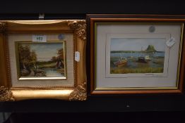 A miniature gilt framed oil on board of landscape and similar