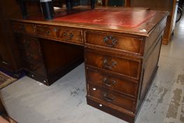 A reproduction Regency pedestal desk, leather inset (skiver) top, large proportions approx. 153 x