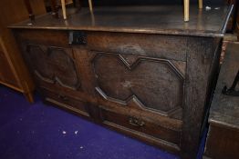 A period oak kist, converted to sideboard with Jacobean style panel doors and drawer to front, width