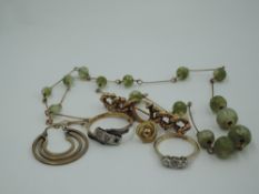 Six pieces of yellow metal jewellery, some stamped 9ct, including brooch, two dress rings, bead