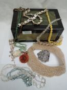 A lacquered box signed by J Scott Davey 1993, containing a small selection of vintage jewellery