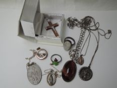 A small selection of HM silver and white metal jewellery including St Christopher pendant, religious