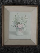 An oil painting on board, Audrey Johnson, still life in tankard, signed and dated 1975, 24 x 19cm,