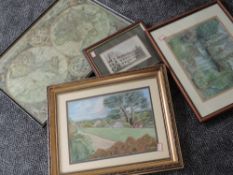 Three etchings, Cockington Church, Ann Hathaways Cottage and Warwick, each indistinctly signed, 16 x
