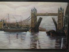 An oil painting on board, John Hallam, Tower Bridge London, signed and dated (19) 94, 60 x 90,