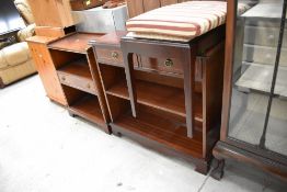 Two modern reproduction book shelves and a piano stool