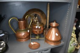 A collection of copper including kettle with stand, platter,jug and urn.