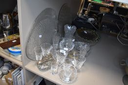 A selection of clear cut crystal glass wares including HM silver swan bonbon dish
