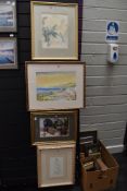 Two water colours one still life and a landscape and two prints
