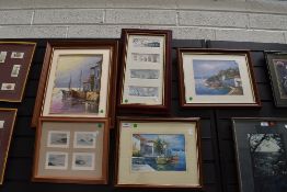 Two original abstract oils of ships in dock and similar styled prints