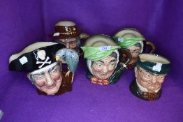 Five ceramic toby style character jugs including Royal Doulton Pirate and Tramp