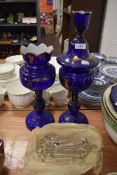 Two blue glass mantle garniture set in fine condition having crystal glass cut lustre droplets