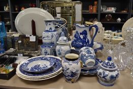 A selection of cblue and white wear ceramics including Royal Albert Crown china vase and lamp base