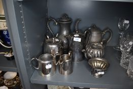 A selection of silver plated tea wares and pewter coffee pot