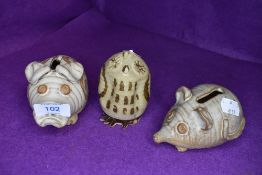 Three novelty studio pottery art figures or money box including mouse owl and pig
