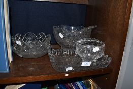 A selection of vintage glass including large bowl and salad servers.