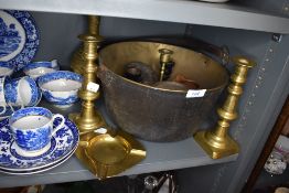 A selection of brass and similar hardware including stove pan and candle sticks