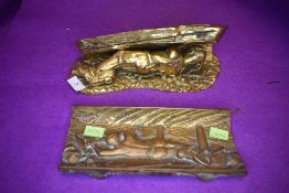 Two heavy cast brass models or plaques of coal or similar miners labouring