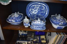 A mixed lot of blue and white ware including tureens and platters.