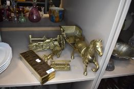 A heavy cast brass horse and cart also motorbike letter rack and brass dominoes set