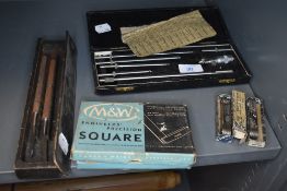 A selection of engineer measuring and marking devices including Moore and Wright square