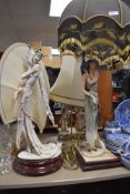 Two art deco designed figural lamp bases by Cappodimonte and similar lamp