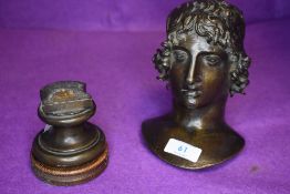 An antique lost wax cast bronze figure head of Irish Drury Lane Actor Elizabeth Farren bust approx