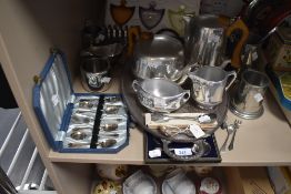 A selection of table wares and cutlery including Picquot ware and colour glass ramekins