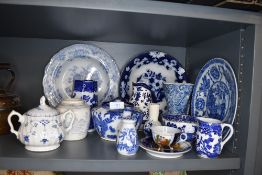 A selection of bluea and white wear ceramics including Chinese export hand decorated plate with