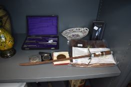 A selection of curios and collectable including Lancaster 1909 medal and Mayrowitz tuning fork set