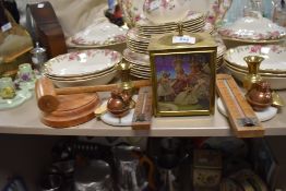 A selection of brass ware including vase pair and teacaddy