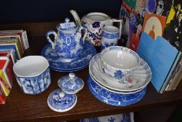 A selection of ceramics and blue and white wears including English Delft tea bowl and saucer