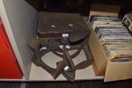 A selection of hardware including case of loose cutlery and shoe last