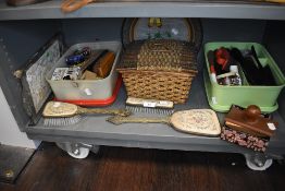 A miscellany of items including dressing table items, sewing basket, shoe brushes and more.