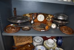 A varied lot of treen and plated ware and similar,also included is a mantel clock.