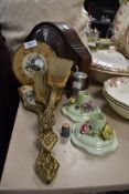 A selection of dressing table items including Staffordshire candle sticks and brush and mirror set
